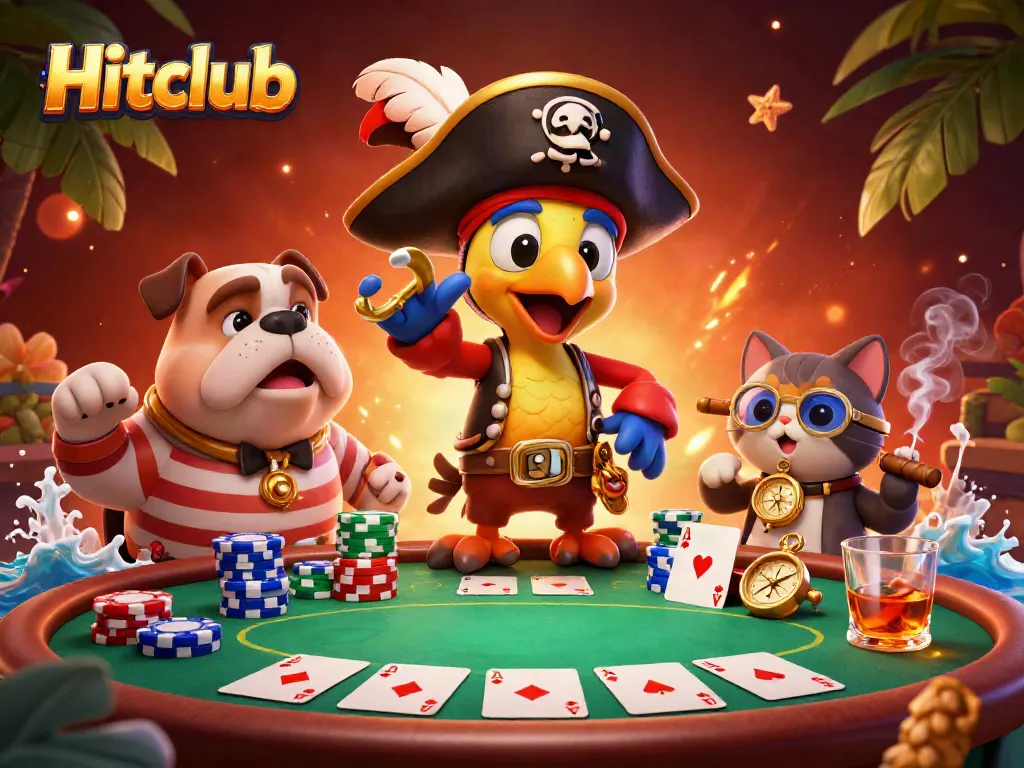 Hitclub pirate-themed casino scene with vibrant colors and interactive poker elements.