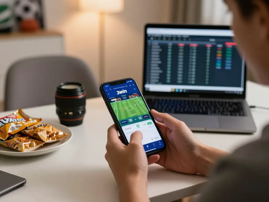 Engaging in sports betting on 3win app from a stylish home setup with analysis visible