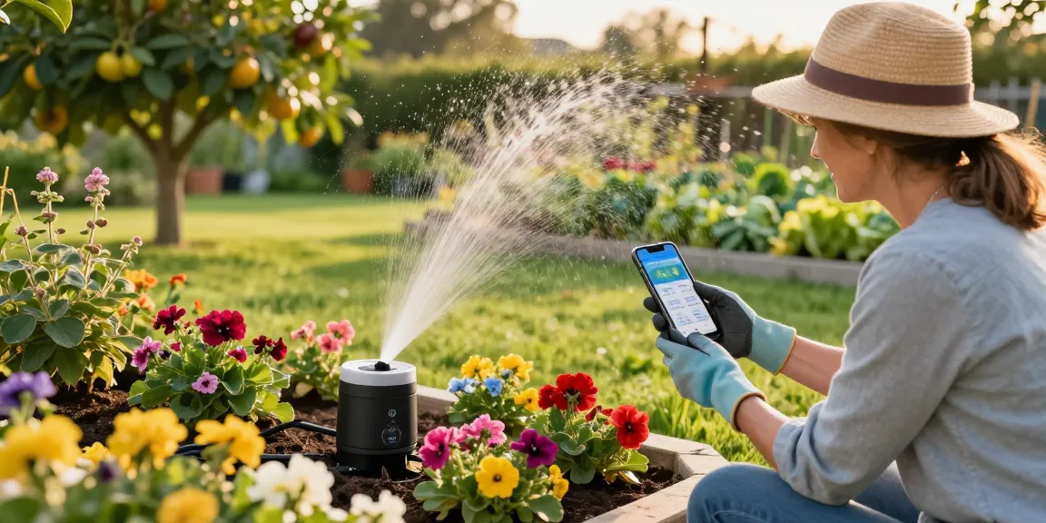 Smart sprinkler system in action, watering vibrant flower beds while gardener monitors moisture levels using smartphone app.