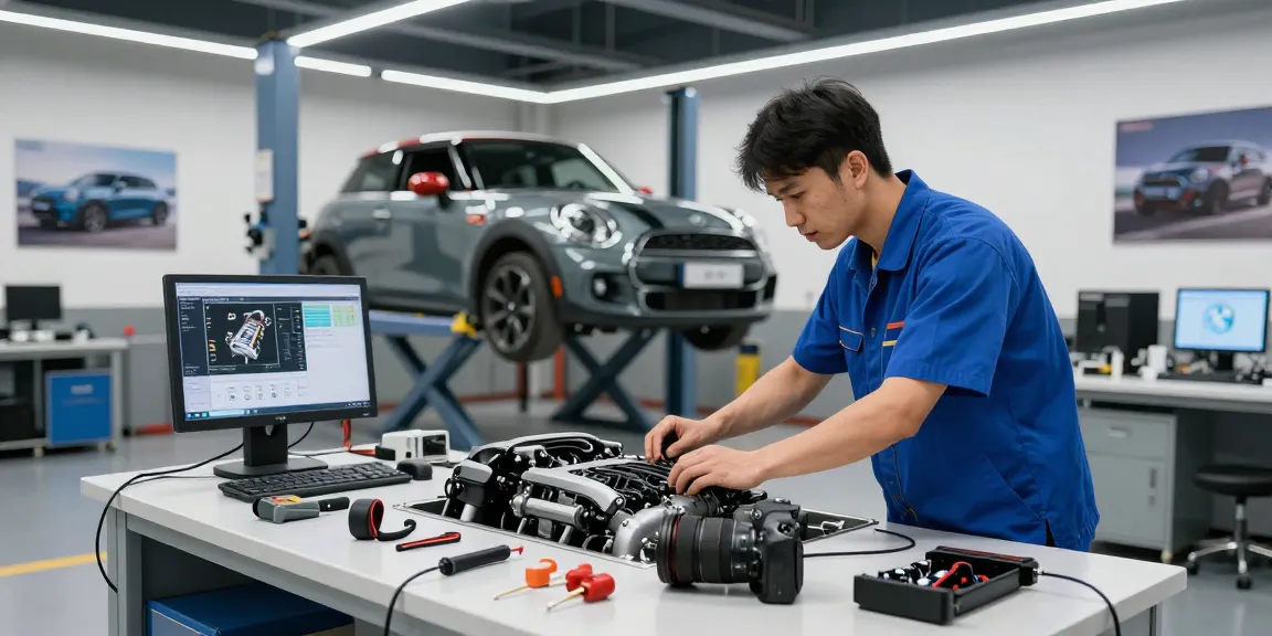 Professionelle BMW Werkstatt Hannover mit Techniker bei Motorinspektion.