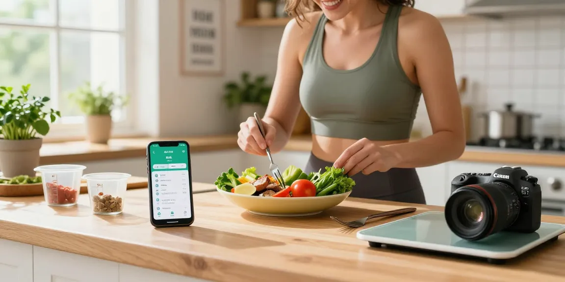 Engaging kitchen scene showing the best calorie tracker app on a smartphone alongside a healthy meal preparation.