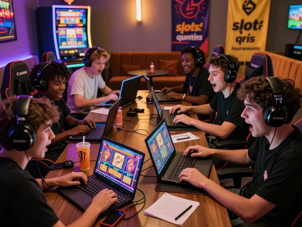 Players enjoying thrilling slot qris games in a vibrant gaming lounge with ambient lighting.