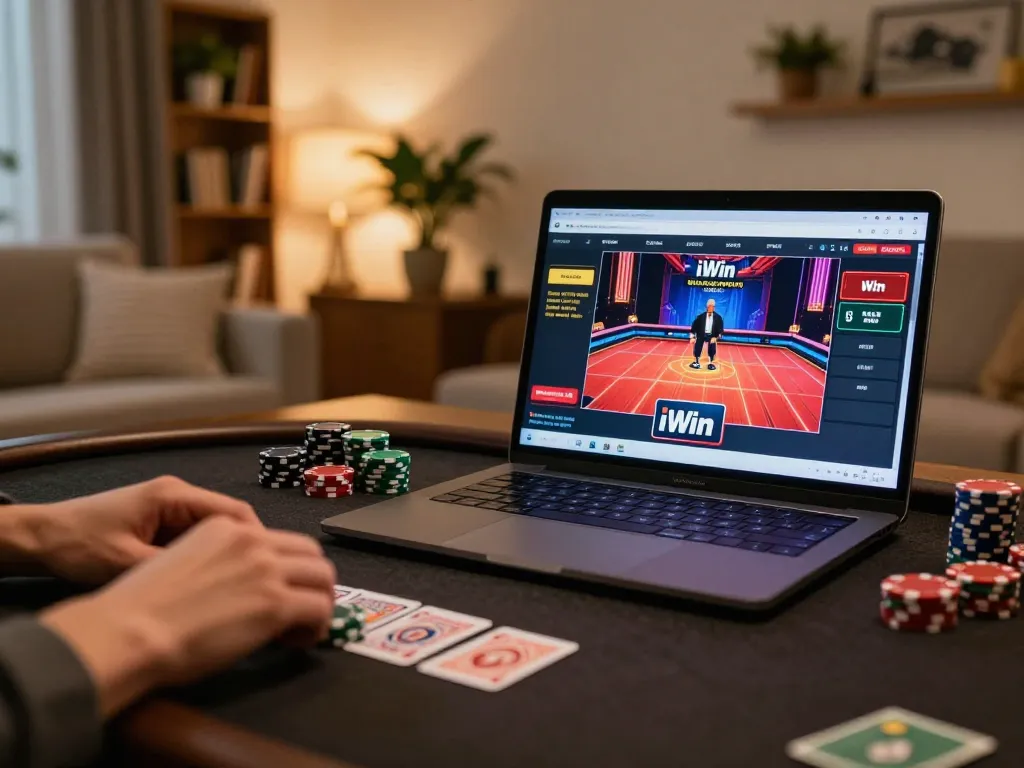 iWin casino user actively engaging in strategic gameplay from a cozy home environment