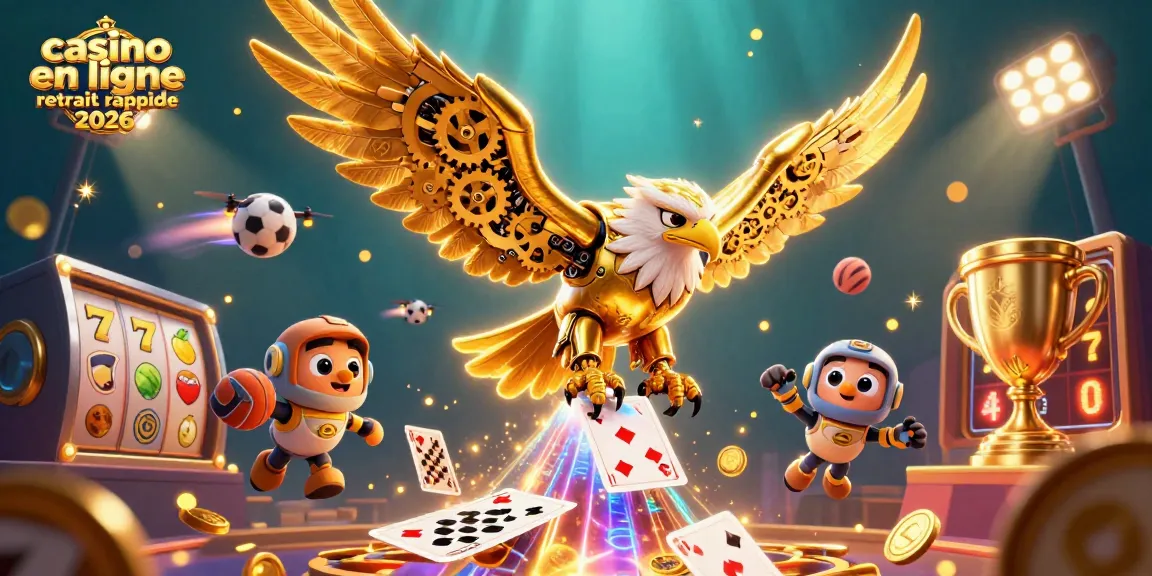 Illustration dynamique mettant en scène le casino en ligne retrait rapide 2026 avec un aigle doré et des cartes holographiques.