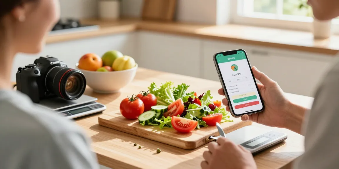 Healthy meal prep using the best food tracker app in a bright kitchen.