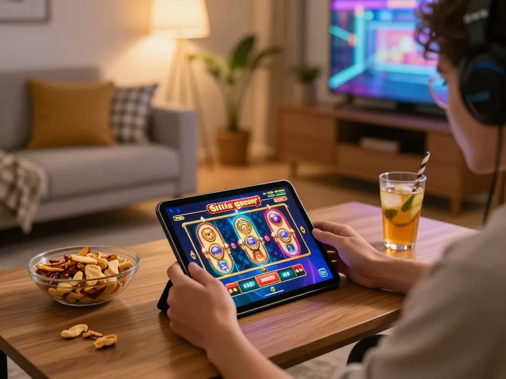 Engaged player enjoying situs gacor slot games on tablet in a cozy home setting.