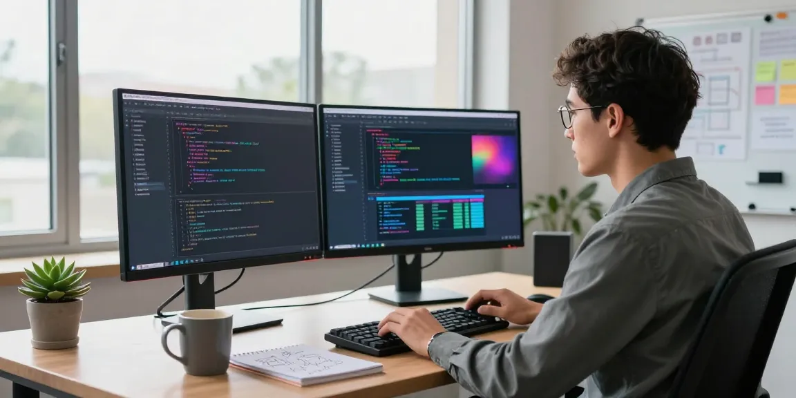 OpenClawd AI software developer working efficiently in a tech workspace with multiple monitors.