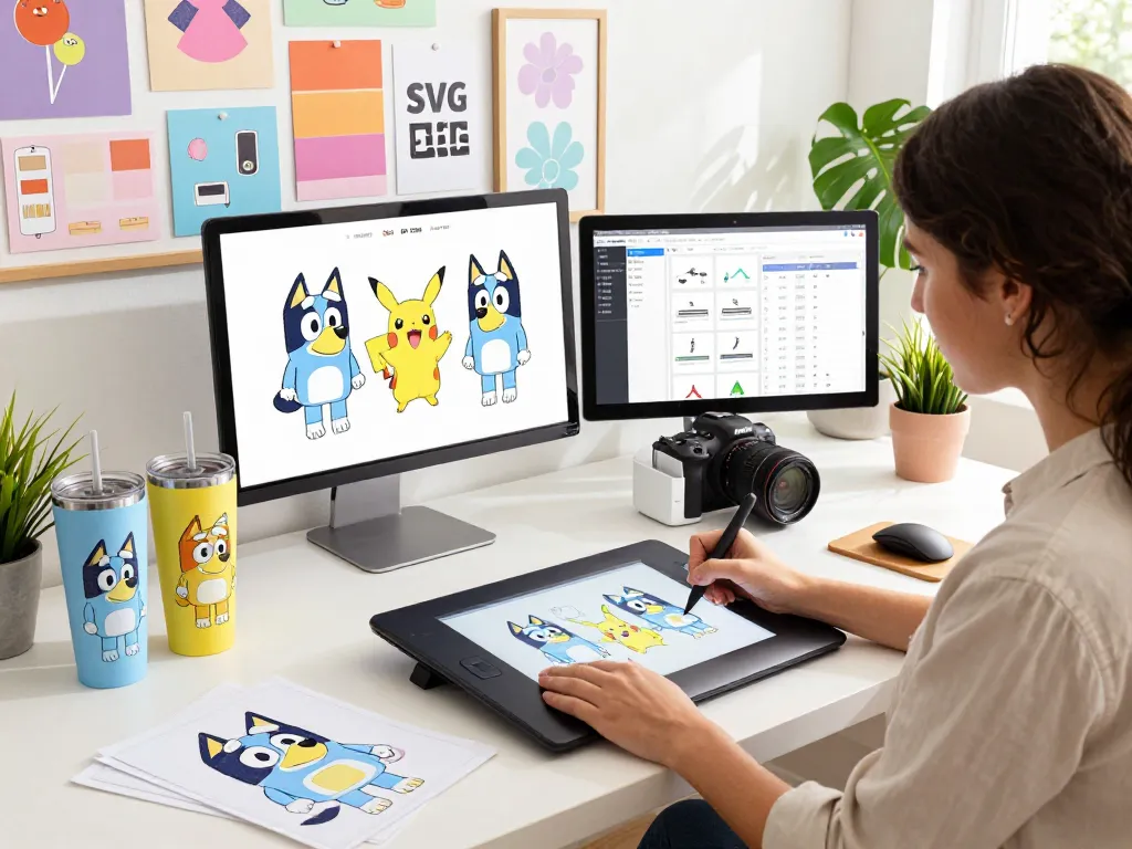 Designer creating vibrant svg bundle designs at workspace with tumbler mockups and sketches.