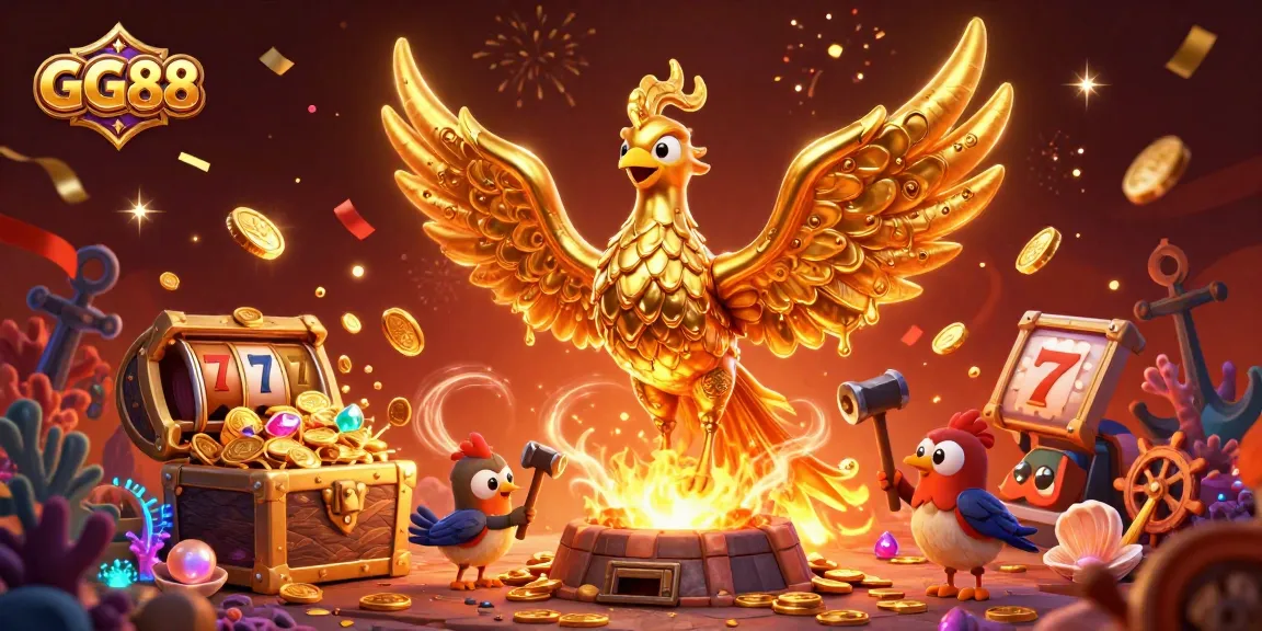 Experience GG88's thrilling online gaming with a golden phoenix unlocking treasures in a vibrant casino landscape.