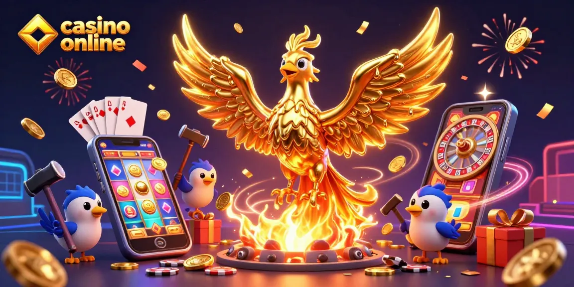 Slot online captivant în acțiune la casino online, cu un phoenix de aur și sloturi animate.