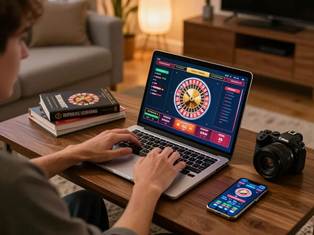 Player engaging in online roulette at home with a 78wingo betting platform visible on screen