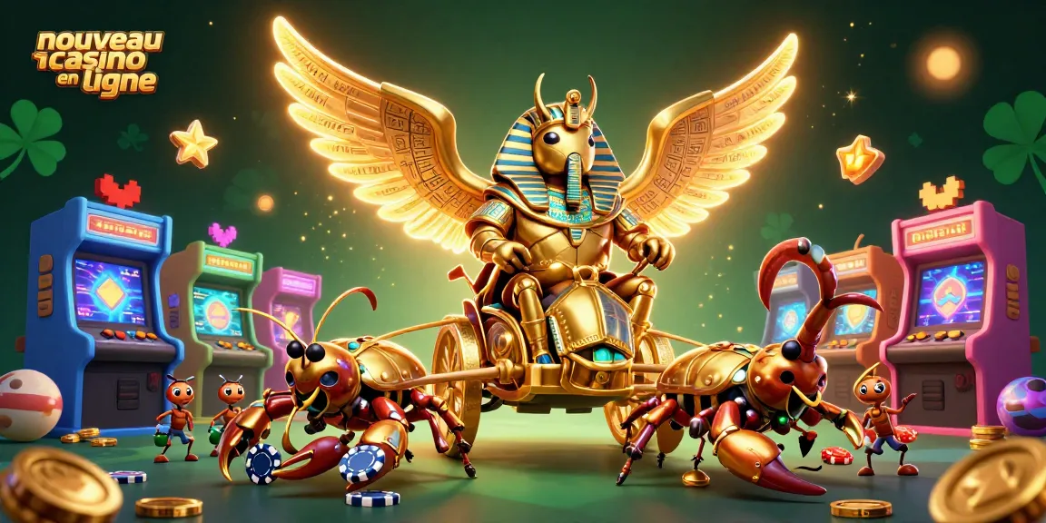 Plongée dans l'univers d'un nouveau casino en ligne avec une animation de scarabée doré et des scorpions ornés de joyaux.