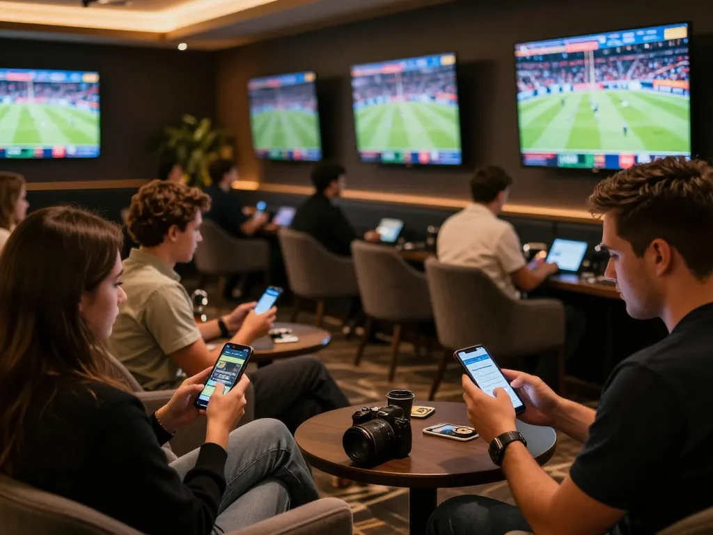 Siti non AAMS che mostrano scommettitori entusiasti che utilizzano app in un'area moderna per le scommesse sportive