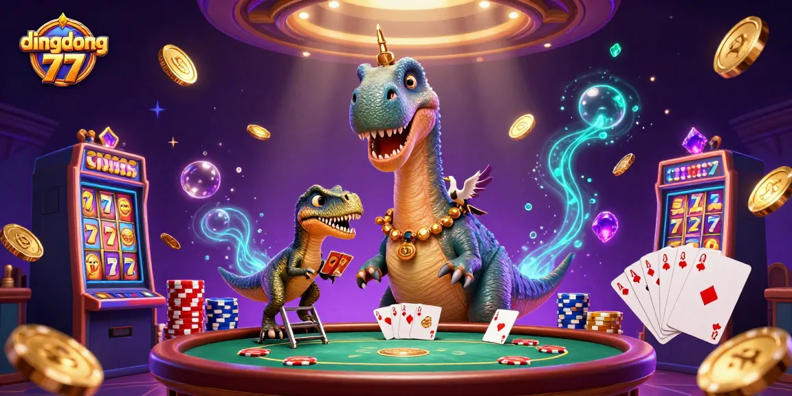Dingdong 77 engages players with vibrant casino excitement featuring a whimsical dinosaur dealer.