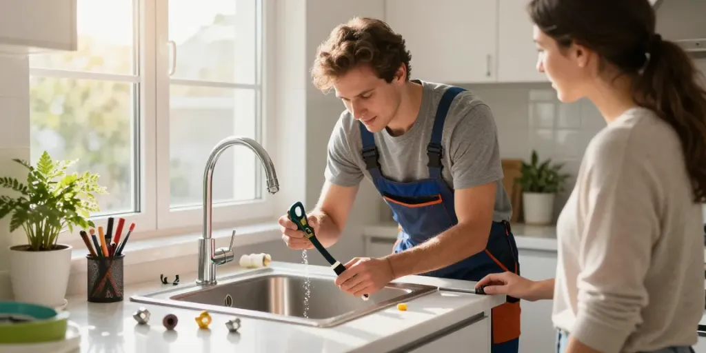 Experienced plumber london fixing a kitchen sink leak with tools, creating a welcoming home ambiance.