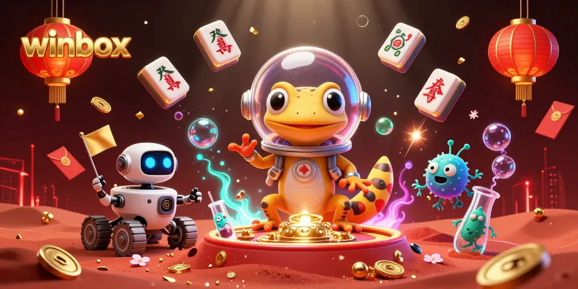 Winbox showcases a Martian gecko and robot in a vibrant casino scene filled with games and treasures.
