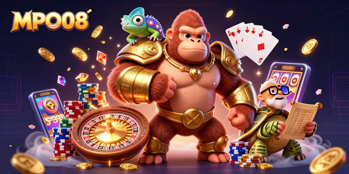 MPO08 brings thrilling gaming adventures with a gorilla king, chameleon spy, and tortoise elder surrounded by dynamic casino elements.