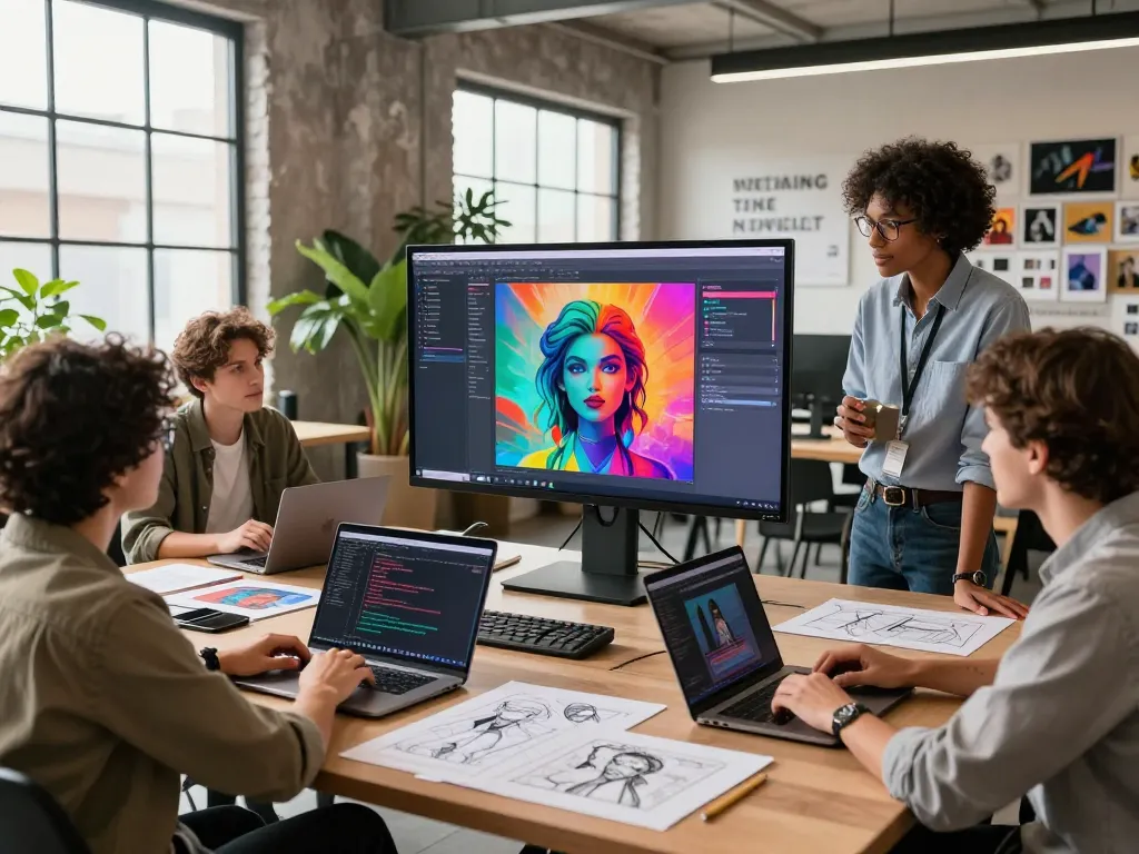 Team collaborating on NSFW AI projects in a modern workspace, showcasing vibrant AI-generated art and coding.