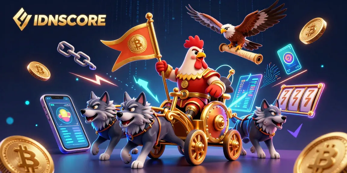 IDNSCORE enhances your gaming experience with exhilarating visuals of a rooster warlord and crypto elements.