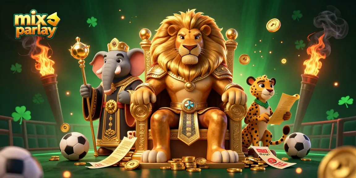 Engage in mix parlay betting with our vibrant 3D scene featuring a lion king, elephant advisor, and cheetah messenger.