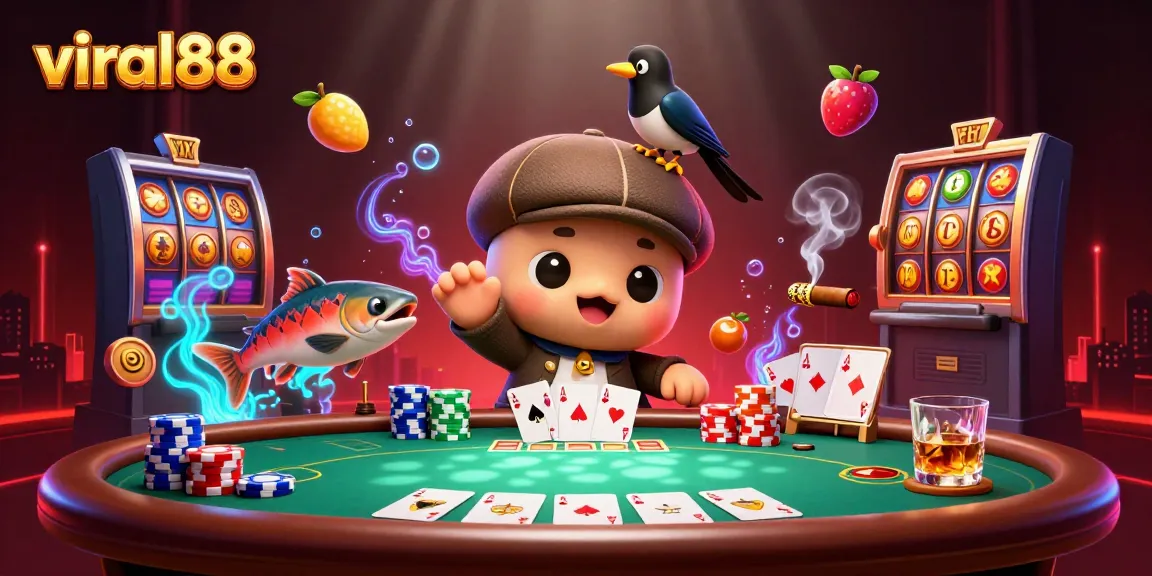 Engage with viral88's exciting slots featuring a playful Nessie amidst poker elements and vibrant jackpots.