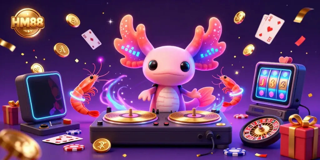 Experience the vibrant energy of HM88 with a neon axolotl DJ and lively gambling elements.