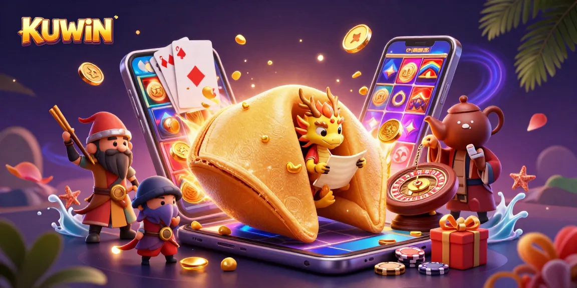 KUWIN offers a vibrant 3D illustration showcasing exciting casino elements in a magical setting.
