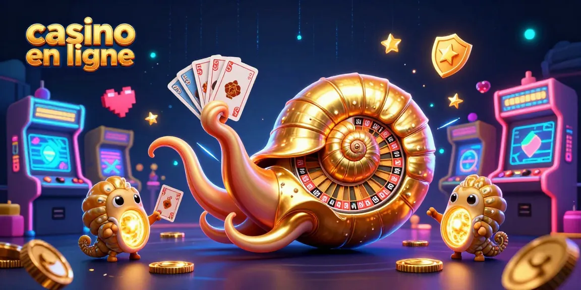 Découvrez le casino en ligne dynamique avec un nautilus géant jouant aux cartes et aux jeux d'arcade lumineux.