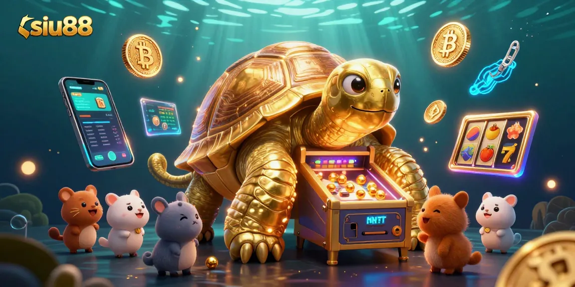 Shoot for big wins at siu88 with a vibrant casino scene featuring a playful golden tortoise and lively characters.