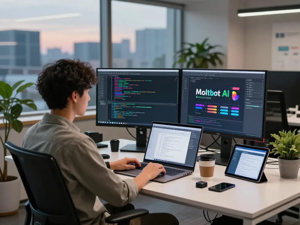 Moltbot AI developer working in modern workspace with dual monitors displaying code and design prototypes.