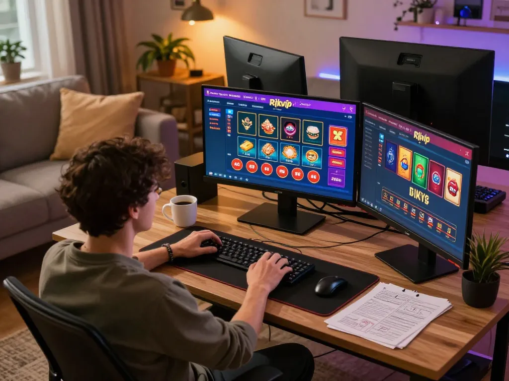 Player engaging with the Rikvip online casino interface in a cozy home gaming setup, highlighting strategic gameplay.