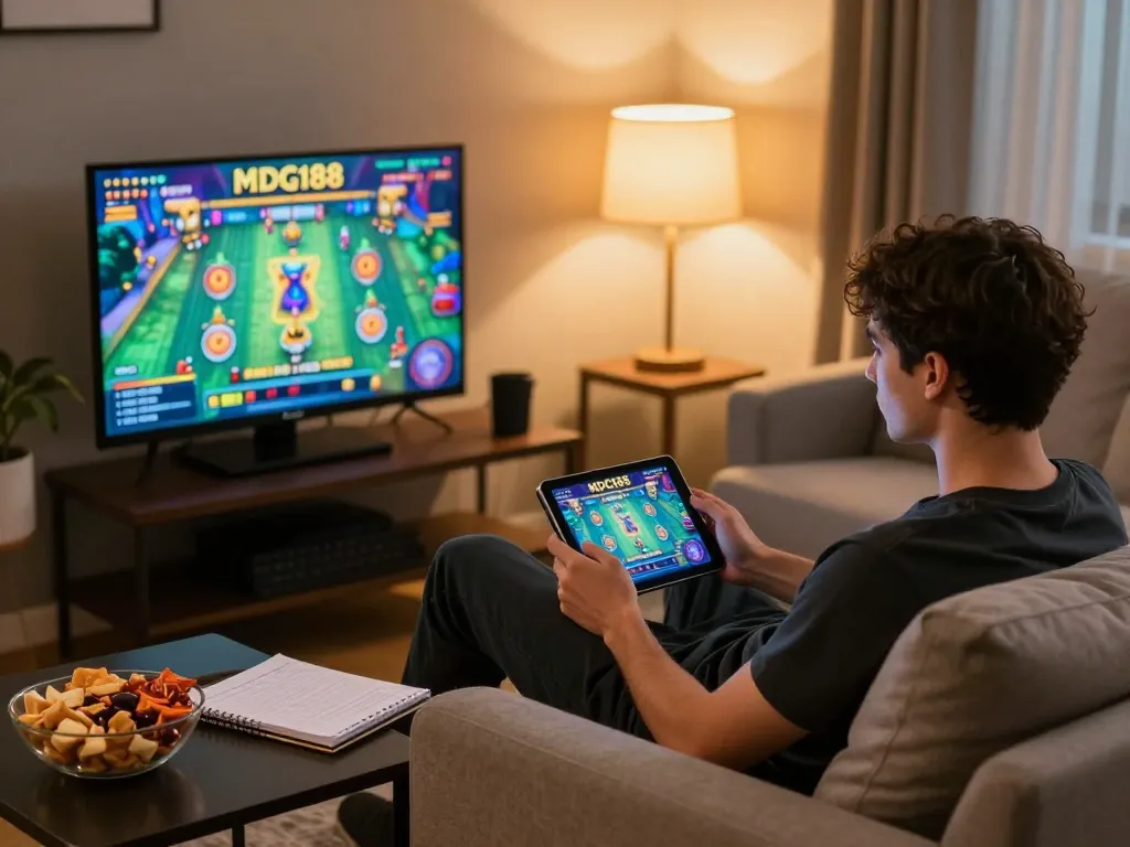 Player enjoying MDG188 slot game on tablet in a cozy home setting with snacks and strategy notes.