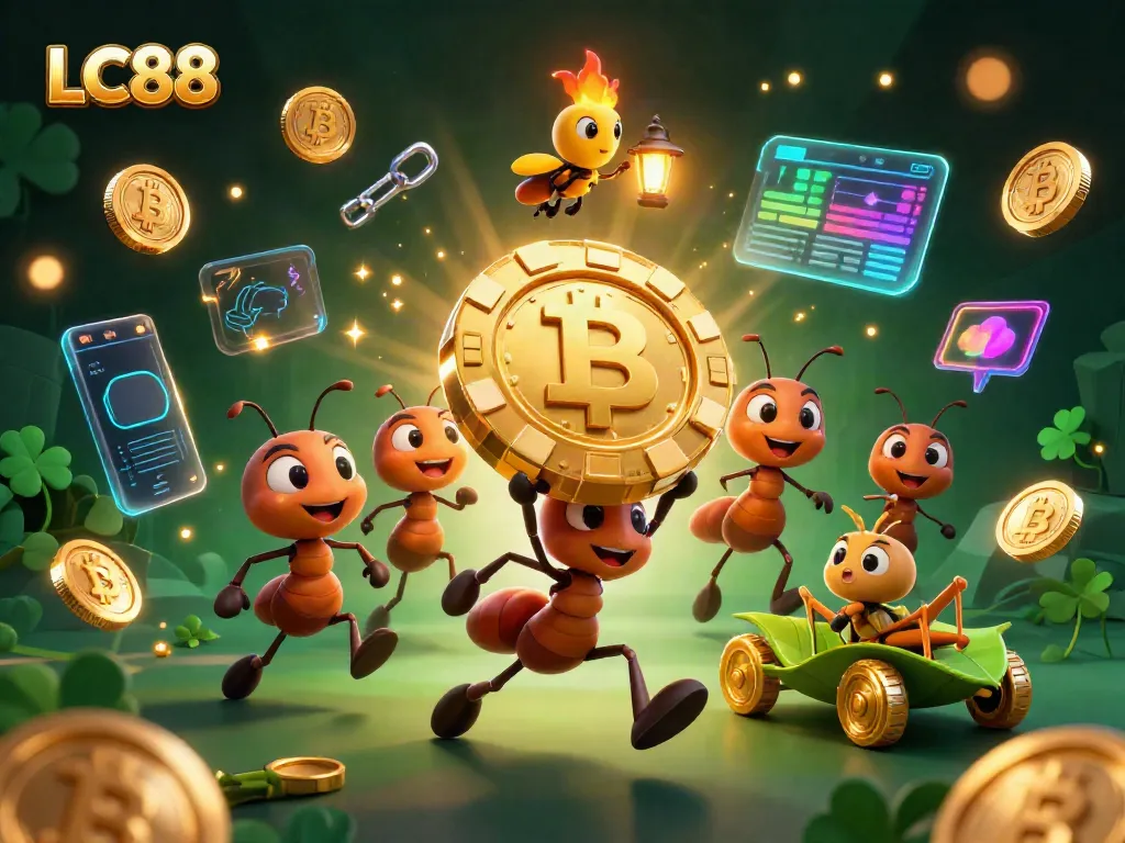 Ants heist poker chip in LC88 casino tunnel with cryptocurrency elements.