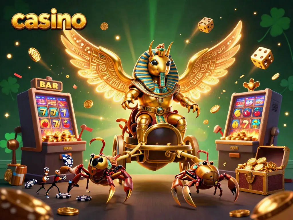 Experience the thrill of a vibrant casino scene with a golden scarab beetle and dynamic slot elements.