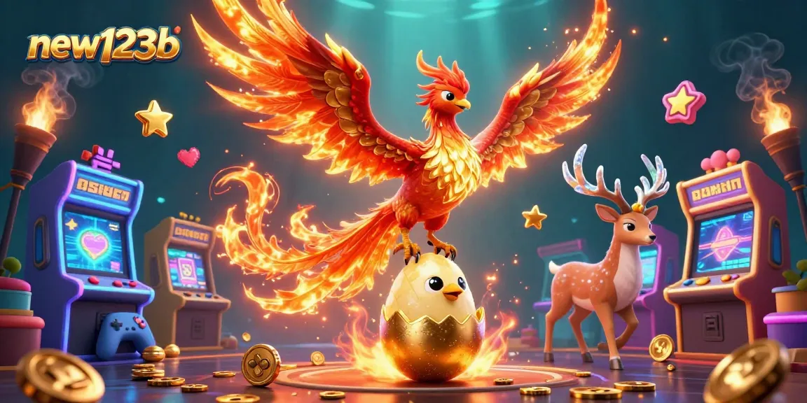 Experience the excitement of new123b with a vibrant 3D digital casino illustration of phoenix creatures.