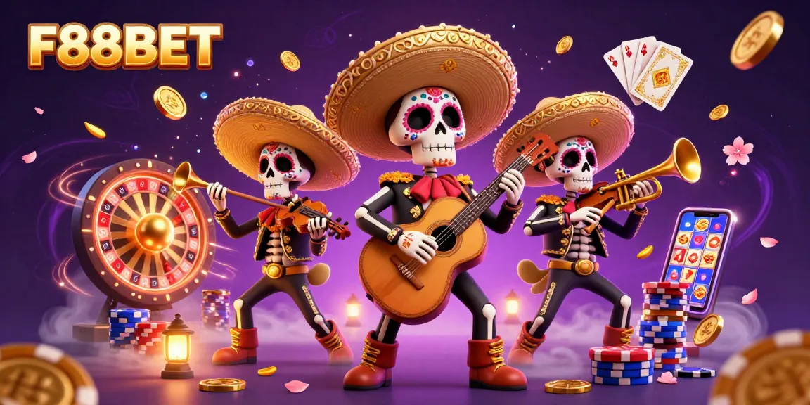 Experience the vibrant world of F88BET with a colorful skeleton mariachi band amidst dazzling casino elements.