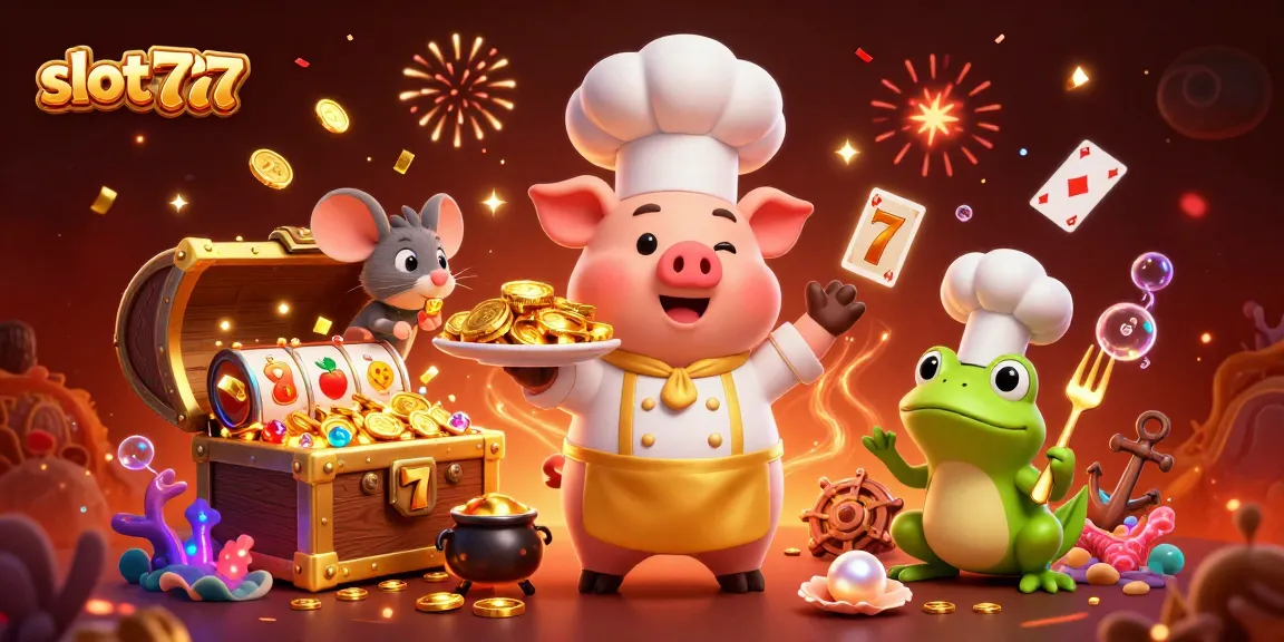 Experience exciting slot777 gameplay featuring a chef pig, mouse, and frog in a dynamic scene.