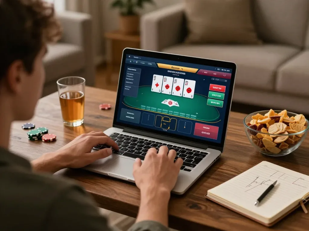 kim99 player enjoys online casino games while studying betting strategies in a cozy home