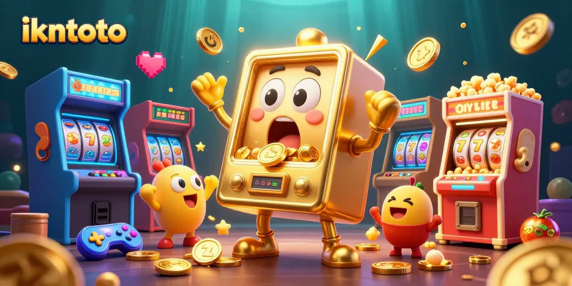Engage with ikntoto's golden slot machine as it celebrates a jackpot, amidst arcade joy.
