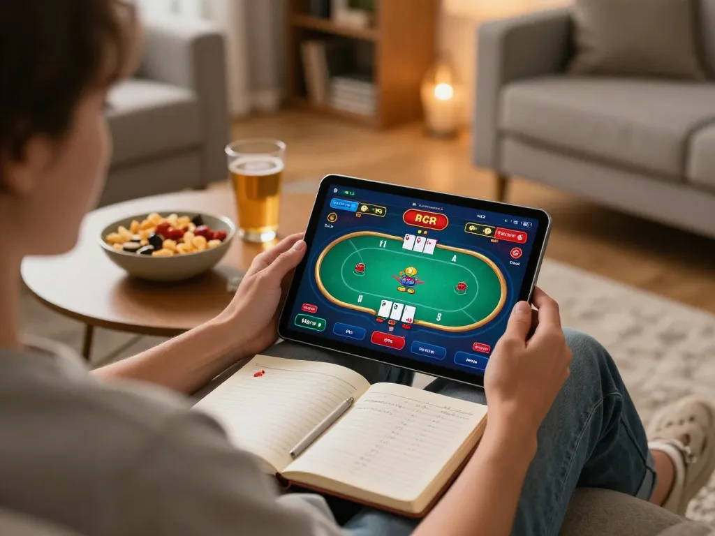 Player engaging with online poker game on tablet in home setting, ALO8 strategies noted on the coffee table.