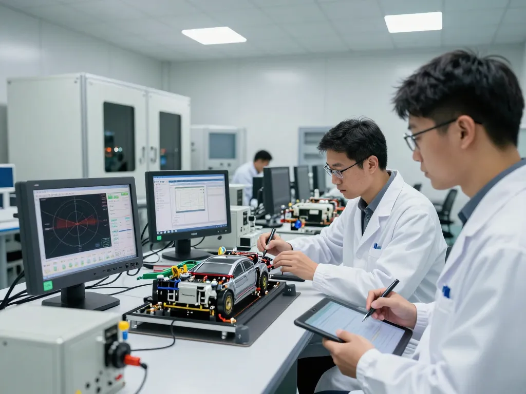 Automotive Electronic subassembly testing in a high-tech facility with engineers at work.