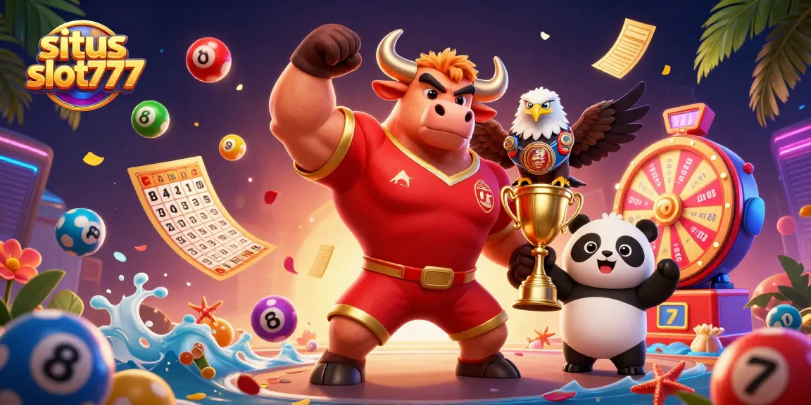 Situs slot777 celebrates winning with a vibrant casino scene featuring a bull, eagle, and panda amidst colorful game elements.