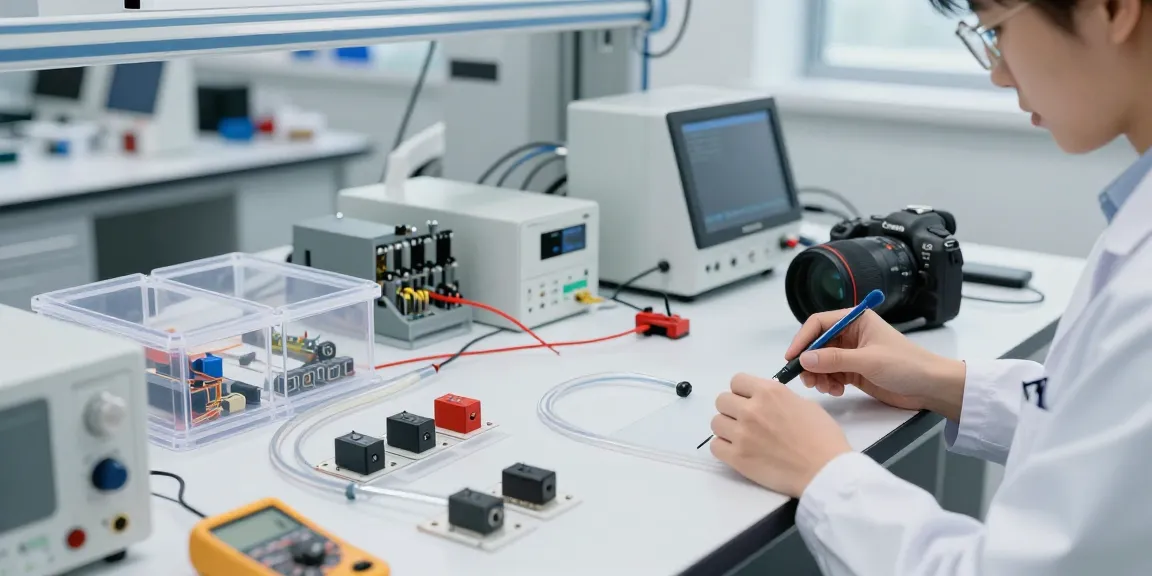 Engineer working with piezo switch prototypes in a modern design lab.