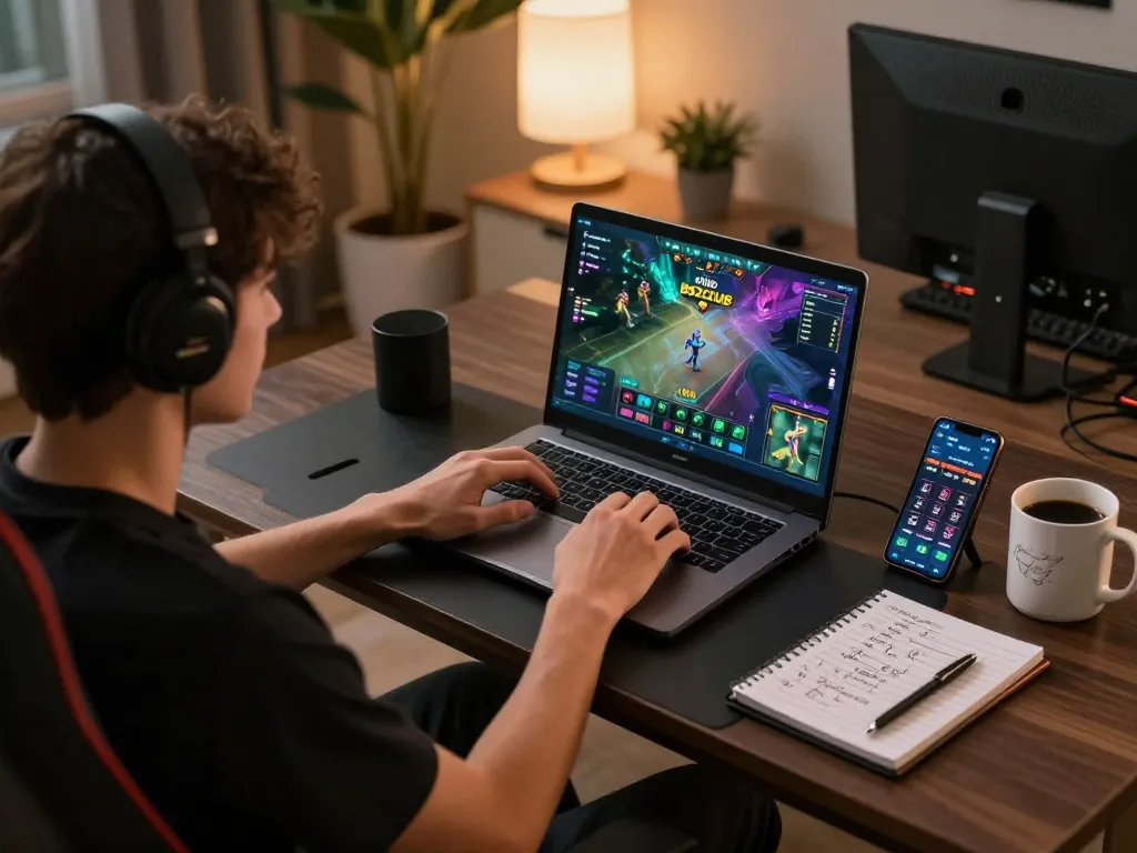 B52club player using laptop at home for online gaming enjoying a strategic gambling experience.