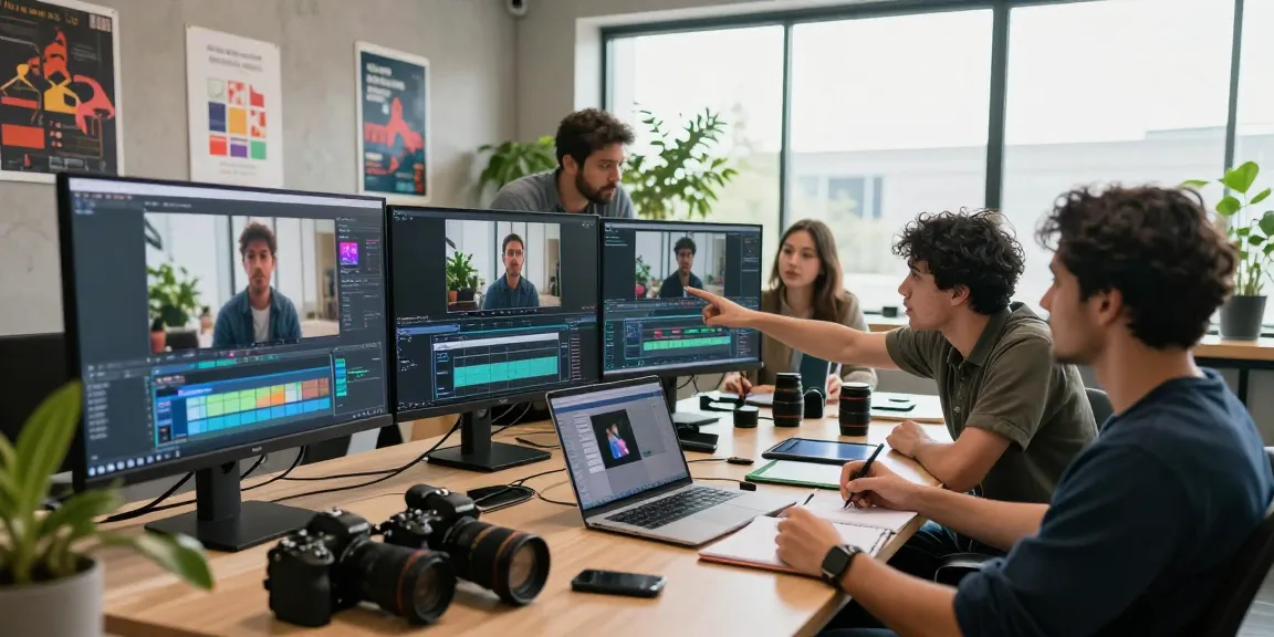 Team generating ai video prompts in a bright studio with video editing gear.