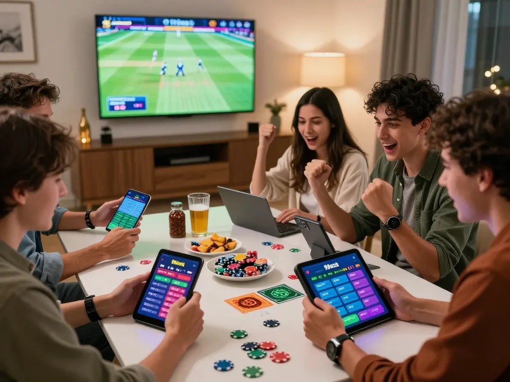 Group of friends enjoying their 99exch id betting experience in a lively setting.