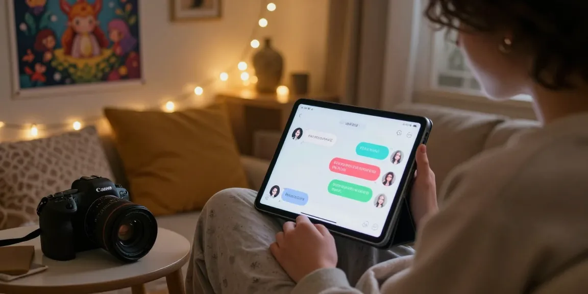 Engaging ai nsfw chat interaction on a tablet in a cozy setting, showcasing vibrant chat bubbles and inviting atmosphere.