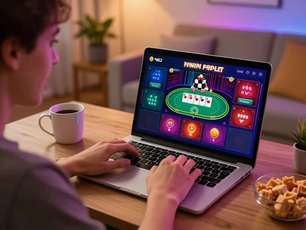 Muraibet player enjoying a winning online poker session from a cozy home workspace with strategic elements.