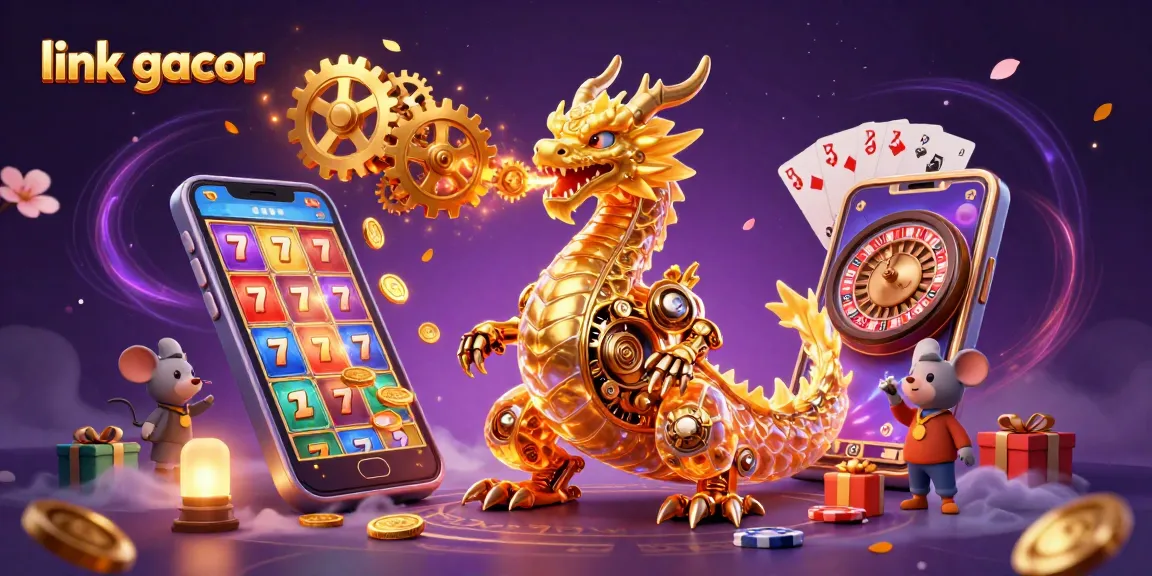 Engage with link gacor games featuring a golden dragon and vibrant slot reels in a dynamic casino scene.