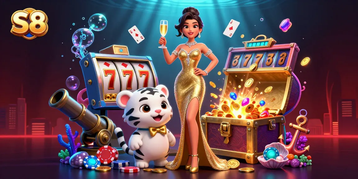 Experience excitement at S8 casino featuring a glamorous woman and a lucky tiger amidst vibrant slot elements.